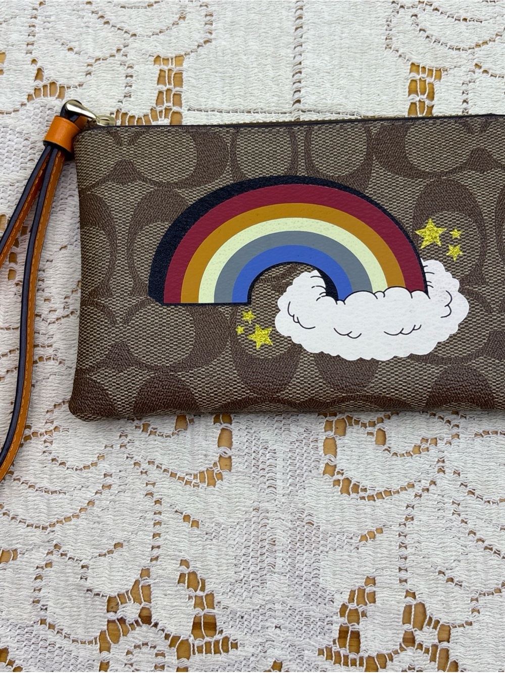 Coach Brown Signature Kids Wristlet with Rainbow and Cloud